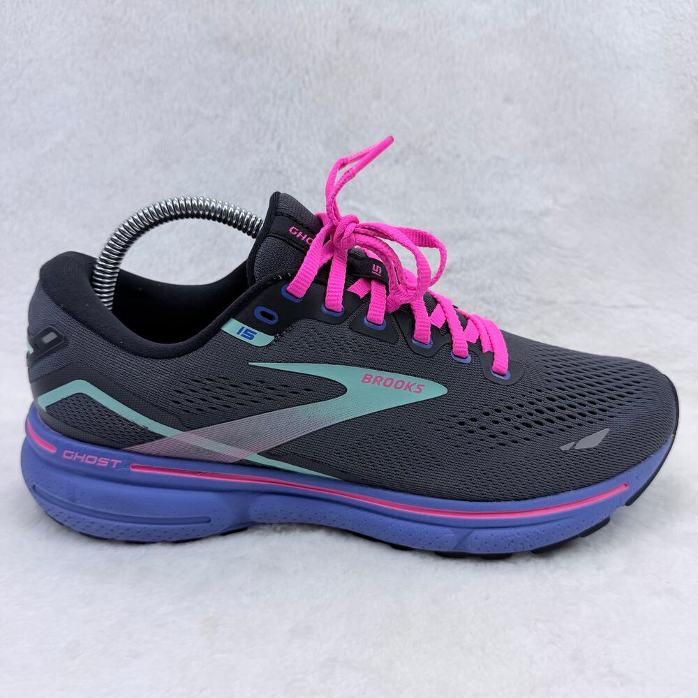 Brooks Ghost 15 Womens Running Training Shoes Black Blue Aruba Size 9 Sneakers